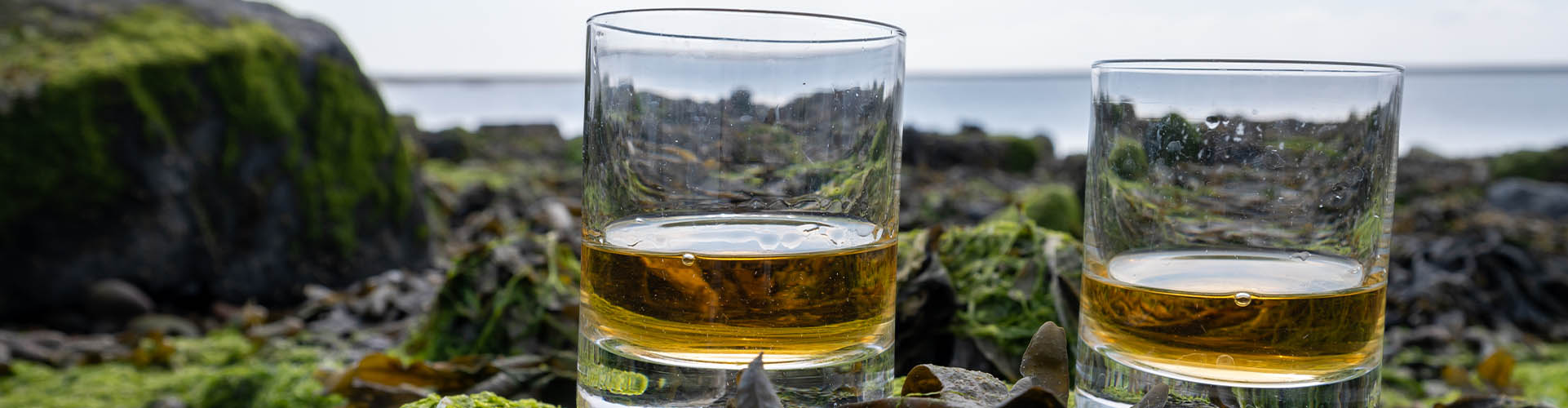 Two glasses of whisky on a coastline