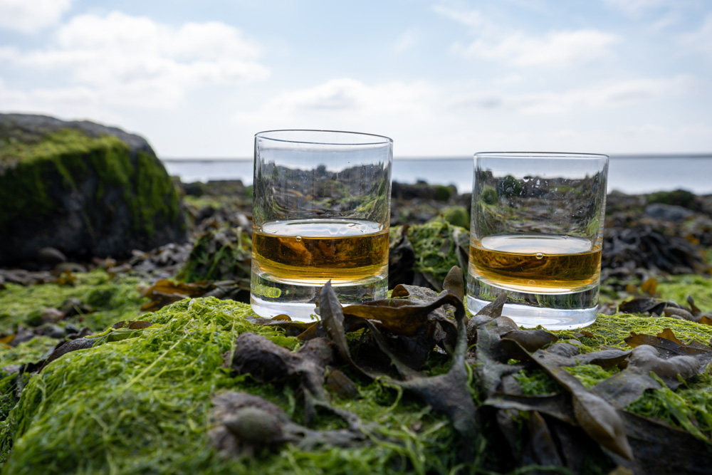 Two whisky glasses with backdrop of Scottish coastline