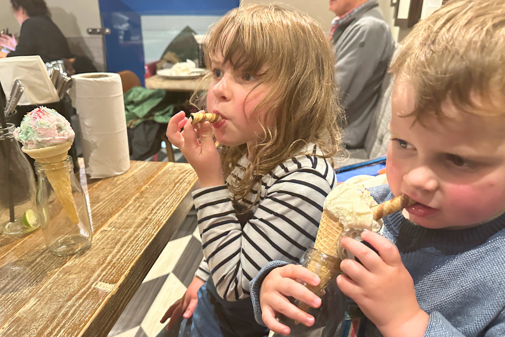 Children eating candyfloss icecream at peatzeria resturant